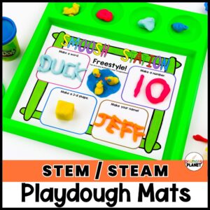 Images of STEM activities for Kids Playdough Mats. Text: STEM Challenges Playdough Mats