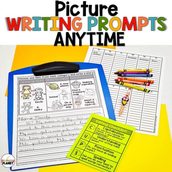 Image of picture prompts for creative writing, a CUPS editing checklist and a one page student word collector.