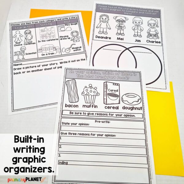 Images of picture prompts for creative writing with graphic organizers and picture box.