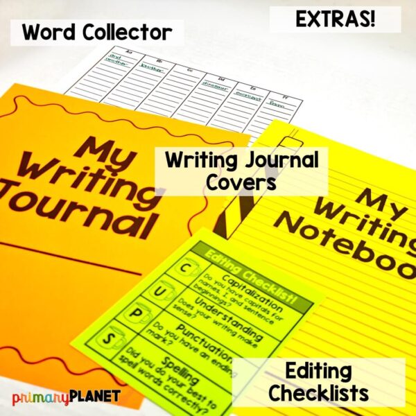 Image of fun extras that come with the picture prompts for creative writing: Word Collector, Writing Journal Covers, and Editing Checklists.