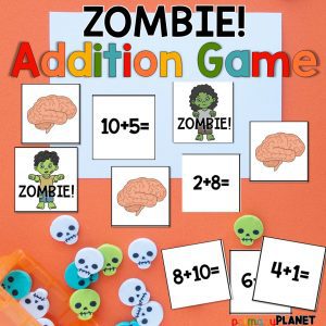 Addition Facts Game - Zombie Math Game - Cover image with addtion fact cards, brain cards, and zombie cards
