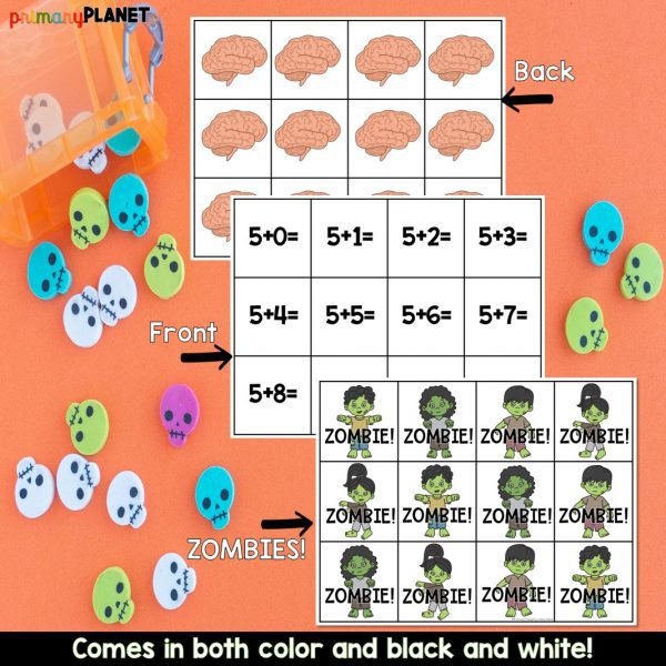 Addition Facts Game - Zombie Math Game - Cover image with addtion fact cards, brain cards, and zombie cards