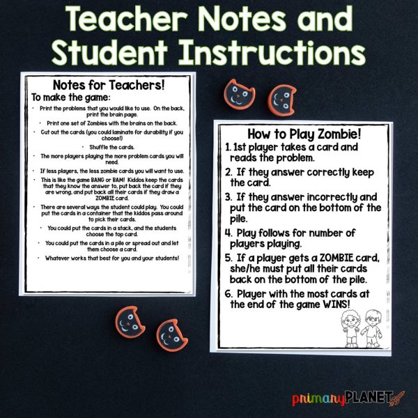 Addition Facts Game - Zombie Math Game - Teacher Notes and Student Instruction page images