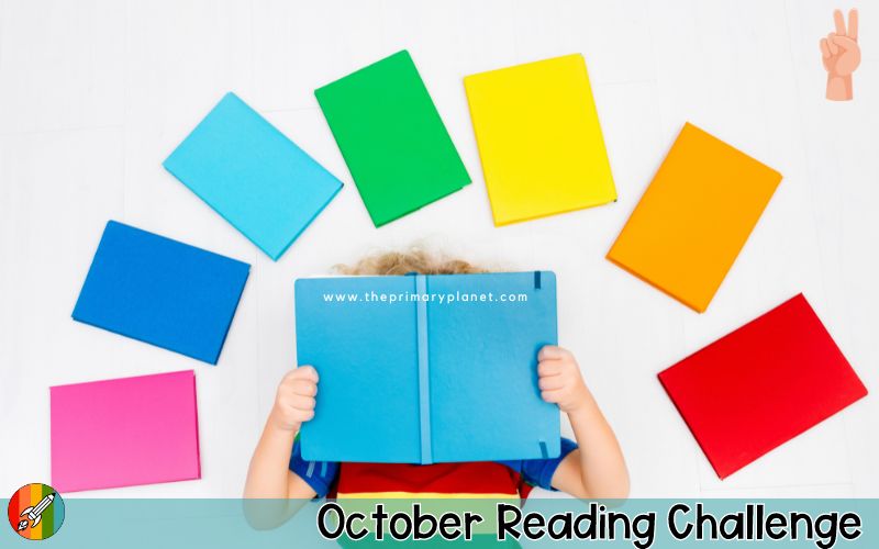 october activities october reading challenges and reading logs image of child reading surrounded by multi colored books