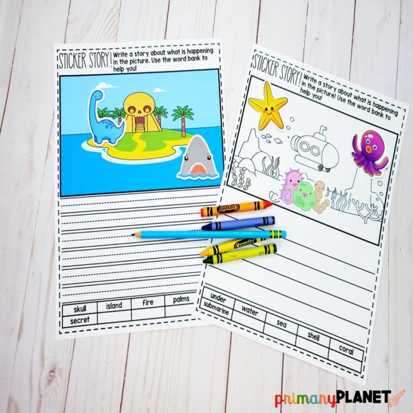 Anytime Sticker Stories - Lined Paper Templates - Sticker Story Writing Background Templates Color and Black and White Image