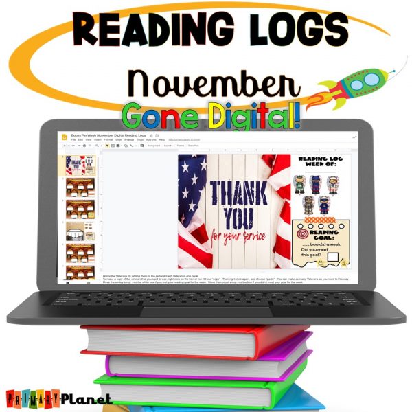 Digital Reading Logs Elementary for November with image of computer with digital reading log on the screen.