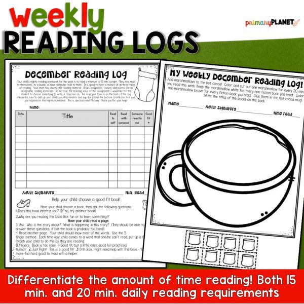 Weekly December Reading Logs and Reading Comprehension Worksheets image
