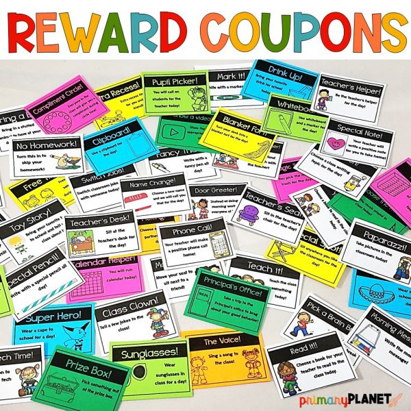 Image of a bunch of colorful, unique, classroom rewards coupons