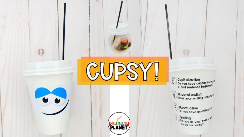 Image of CUPSY! Smiling coffee cup with CUPS checklist and image of inside the cup: crayons and tile manipulatives.