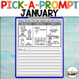 Picture of a January writing prompt for Kids with Text: Pick a Prompt January