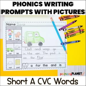 Cover Image of Short A CVC Words Phonics Worksheets. Phonics Writing Prompts with Pictures. Text: Phonices Writing Prompts with Pictures Short A CVC Words