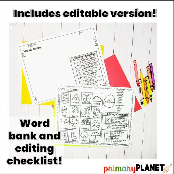 Image of April Word Banks, Editable April Word Banks, and CUPS editing Checklist. Text: Includes Editable Version. Word Bank and Editing Checklist
