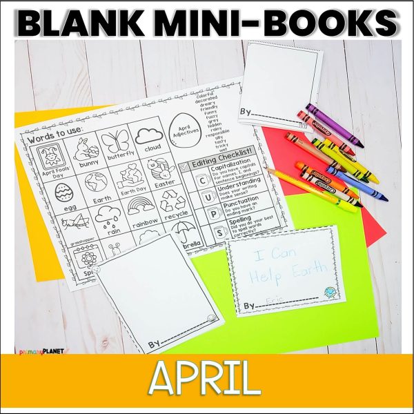 Image of 3 april themed mini-book templates with April Word Bank and CUPS editing Checklist. Text: Blank-Mini-Books April