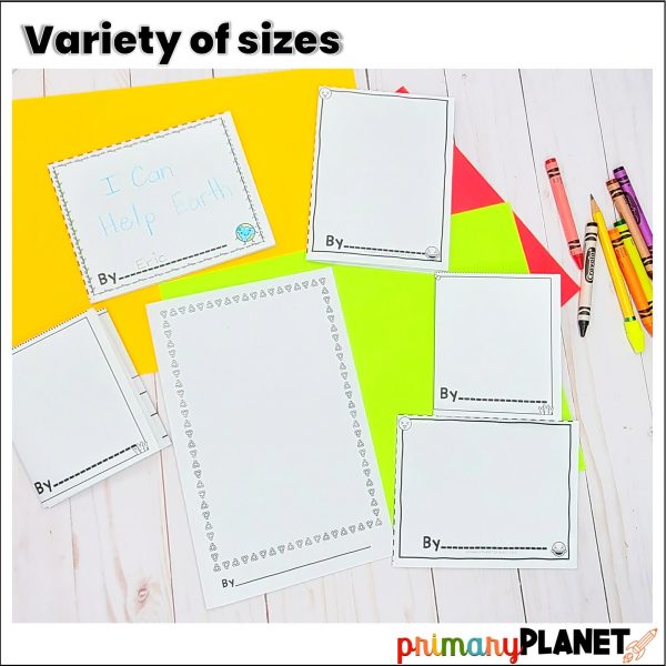 Image of printable mini-book templates in different sizes. Text: Variety of sizes.