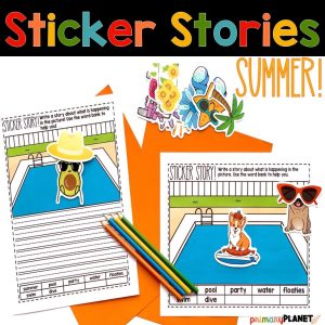 Narrative Writing Summer Sticker Stories for your Writing Center. Images of color backgrounds in different configurations with stickers. Text Says: Sticker Stories: Summer