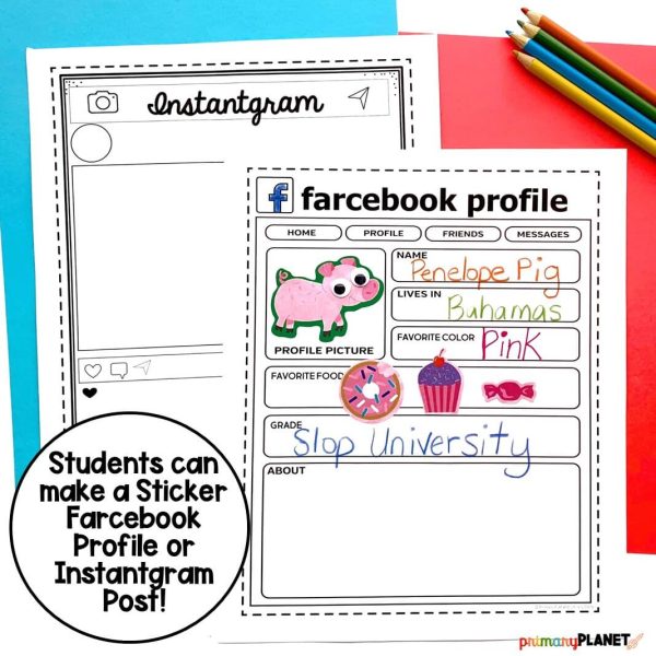 Images of printable social media templates with stickers. Text: Students can make a sticker facebook profile or instagram post.