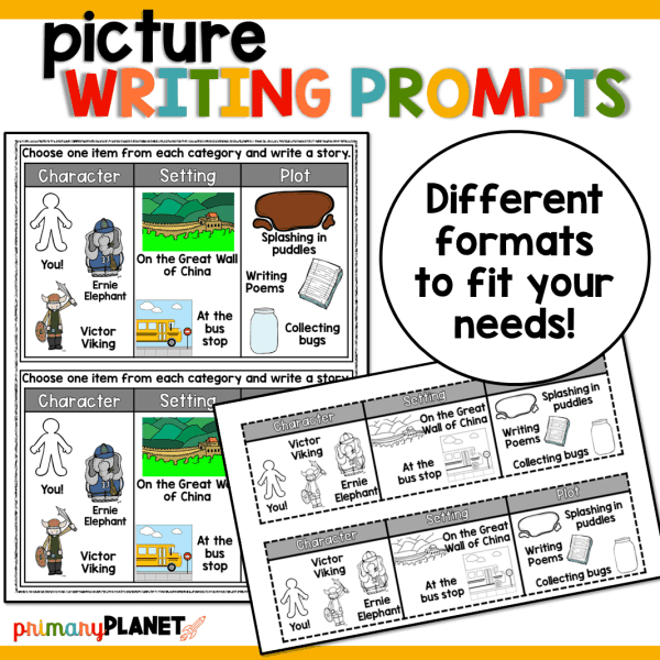 Images of full color printable writing prompts, and printable writing prompts strips. Text: Picture Writing Prompts Different formats to fit your needs!