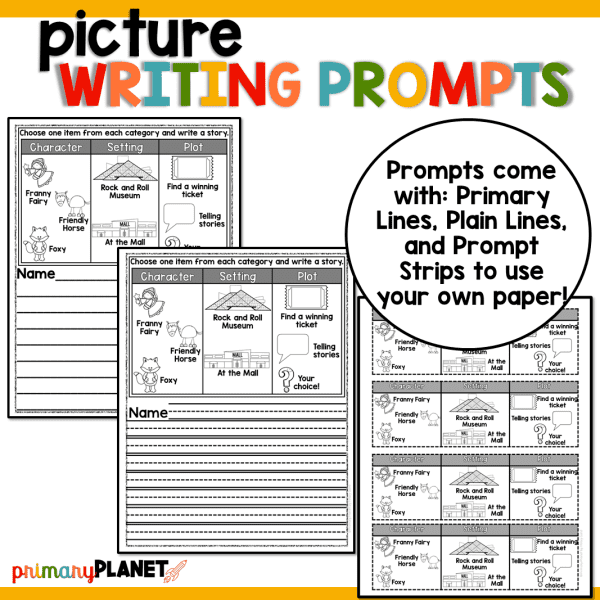 Images of Printable Spring Picture Writing Promps. Text: Picture Writing Prompts. Prompts come with primary lines, plain lines, and writing prompt strips if you want to use your own paper or notebook.