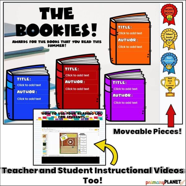 Image of Book Award Slide. Text: The Bookies! Moveable Pieces. Teacher and Student Instruction Videos too!