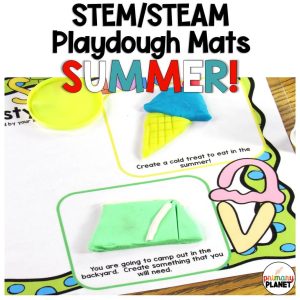 Image of summer stem activities. Text: STEM/STEAM Playdough Mats: Summer!