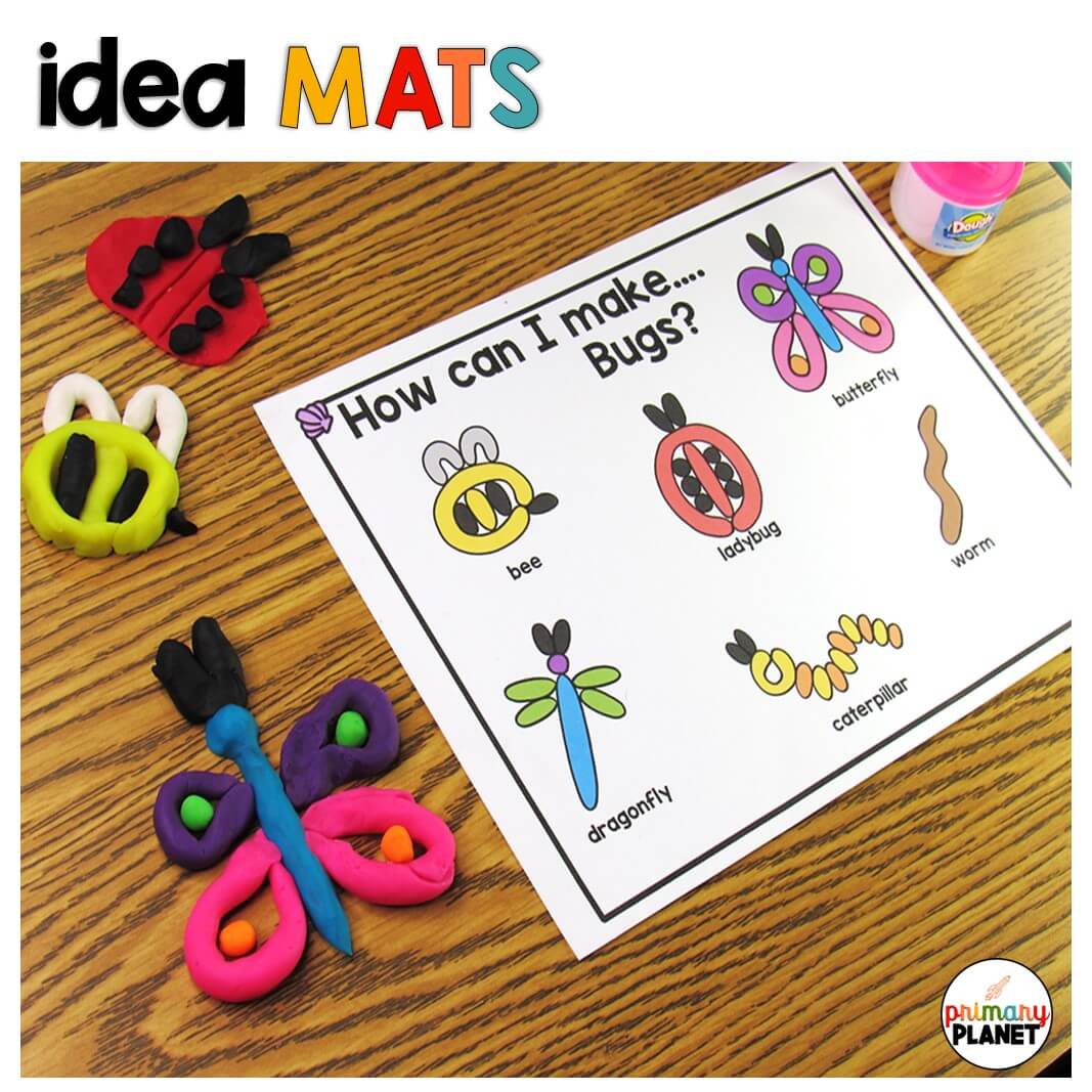 Image of a playdough poster. With playdough insects. Text: Idea Mats