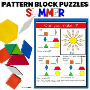 Image of Summer Pattern Blocks Mats with Pattern Blocks. Text: Pattern Block Puzzles Summer