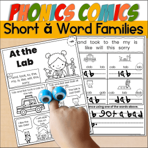 Image of At The Lab Decodable reader. Text: Phonics Comics Short a Word Families