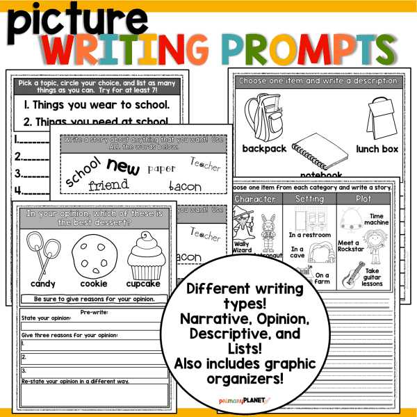 Images of picture prompts for writing in different writing types: Narrative Writing, Opinion Writing, Description Writing, and List Writing. Text: Picture writing prompts