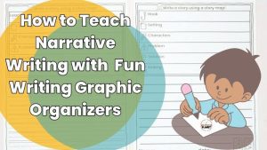 Image of boy writing with narrative writing graphic organizers in the background. Text: How to Teach Narrative Writing with Fun Writing Graphic Organizers.