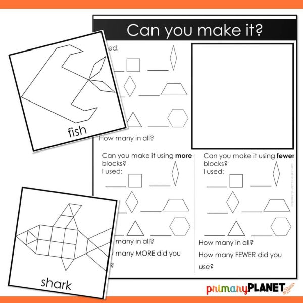 Image of "blank" black and white pattern block picture mat with ocean animal pattern block task cards of a crab and a dolphin.