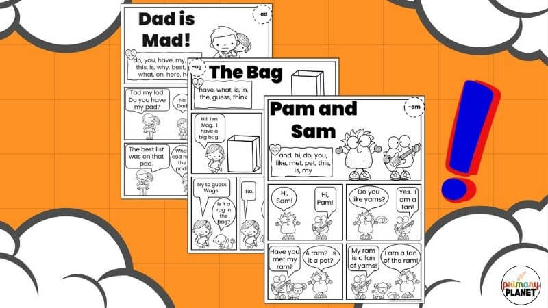 Image of 3 different Phonics Comics: Dad is Mad!, The Bag, and Pam and Sam.