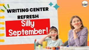 Image of a teacher and student being silly. Text: Writing Center Refresh: Silly September!