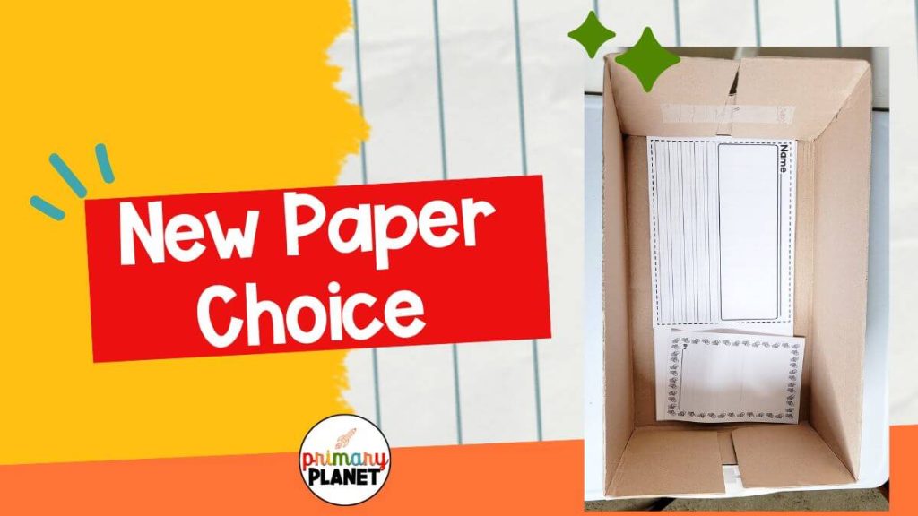 Image of a box of paper for your classroom writing center. Text: New Paper Choice!