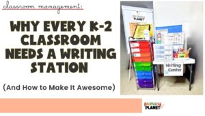 Image of a fun writing station classroom writing center. Text: Why every k-2 classroom needs a writing station. and how to make it awesome
