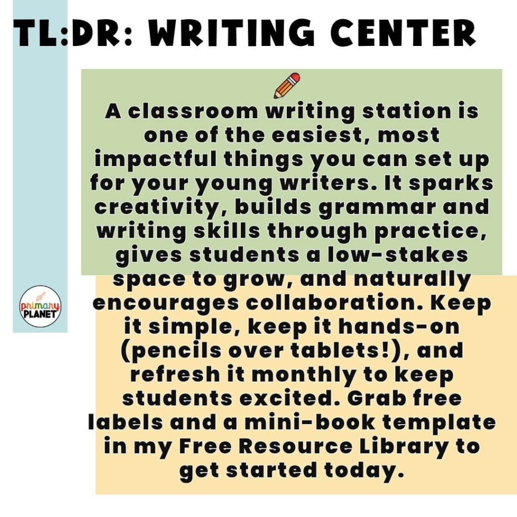 TL;DR Writing Center A writing station is one of the easiest, most impactful things you can set up in your classroom for your young writers. It sparks creativity, builds grammar and writing skills through practice, gives students a low-stakes space to grow, and naturally encourages collaboration. Keep it simple, keep it hands-on (pencils over tablets!), and refresh it monthly to keep students excited. Grab free labels and a mini-book template in my Free Resource Library to get started today.