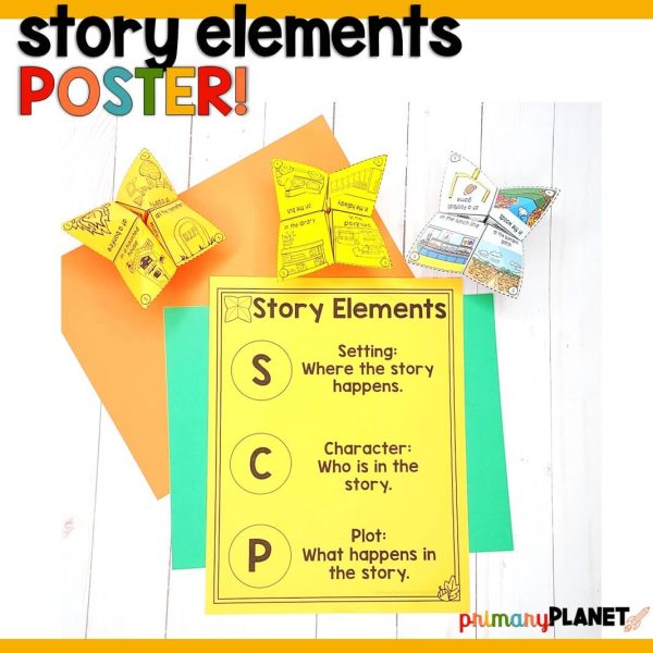 Image of 3 story starters with the Story Elements poster that is included. Text: Story Elements Poster.
