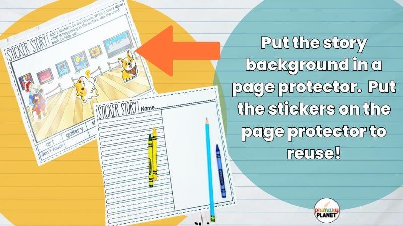 Image of a sticker story background in a sheet protector with stickers on the sheet protector. Text: Put the Sticker Story background in the page protector, Put the stickers on the page protector to reuse! Watch your students' creative writing skills grow!