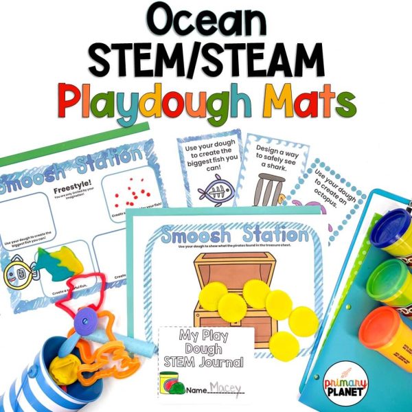Images of ocean STEM playdough mats and task cards. Text: Ocean STEM/STEAM Playdough Mats