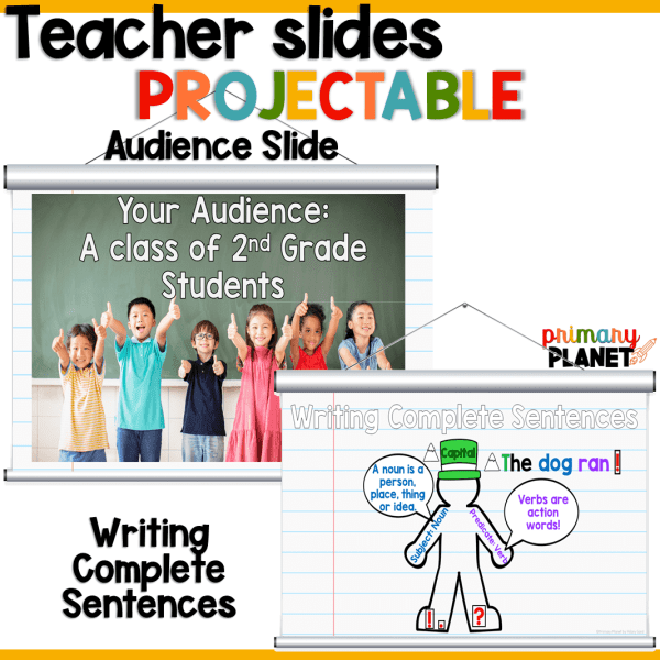 Projectable Teacher Slides: Audience Slide and Writing Complete sentences anchor chart slide.