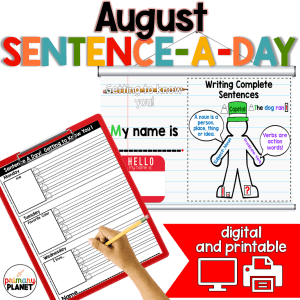 Image of Sentence a Day projectable slide, and student printable worksheet. Text: August Sentence a Day.