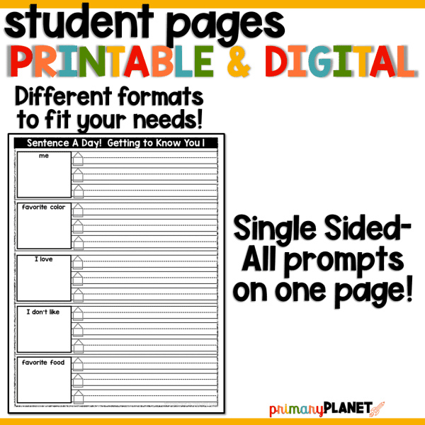 Student pages printable and digital. Single-sided- All prompts on one page.