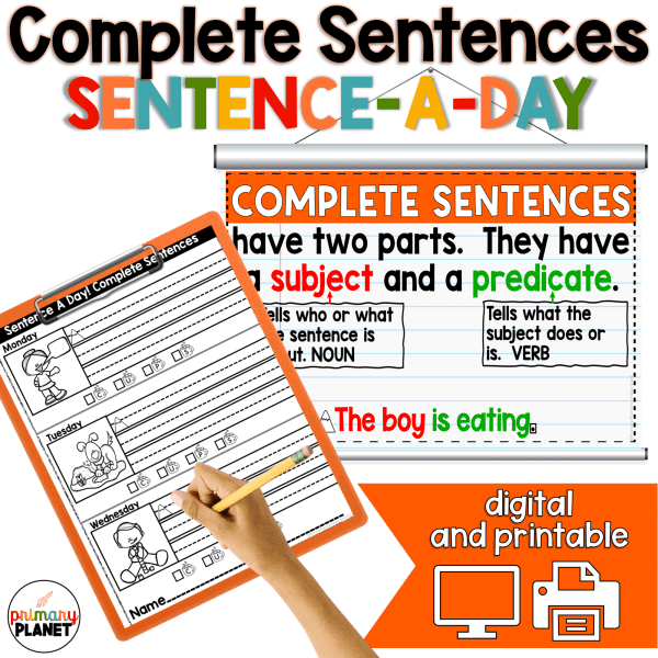 Image of complete sentences worksheet and projectable mini-lesson slide. Text: Complete Sentences Sentence a Day!