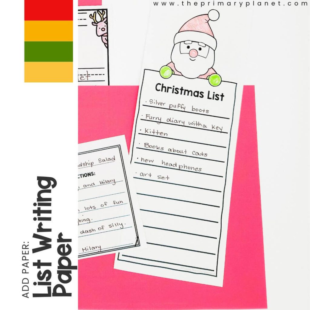 Image of Christmas List Paper with Santa at the top. Text: Add Paper: List Writing Paper