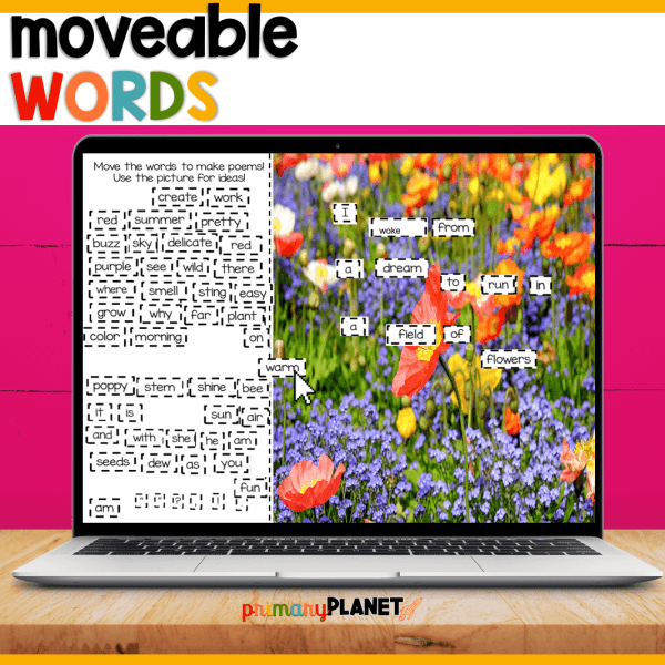 Image of a digital magnet poem with wildflowers. Text: moveable words