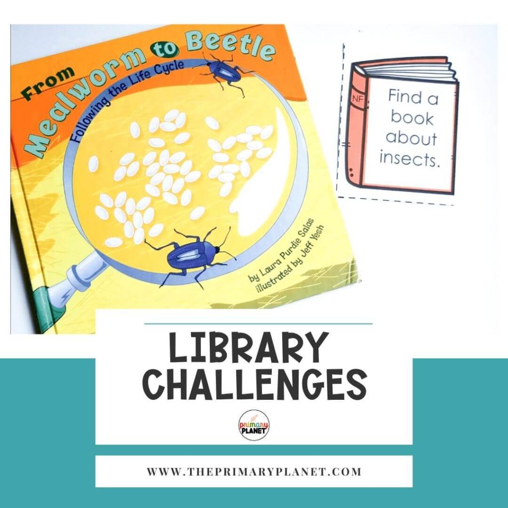 Image of a book and a classroom library task card. Text: Library Challenges.