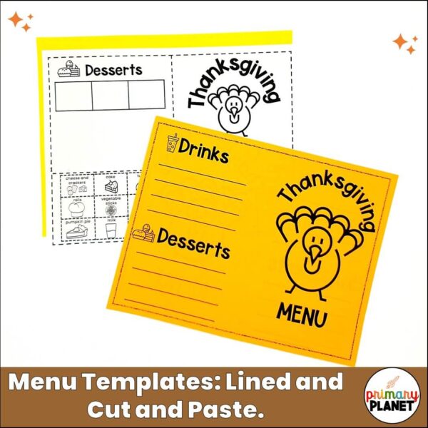 Image of Thanksgiving menu template showing both the lines and cut and paste options. Test: Menu Templates: Lined and Cut and Paste.