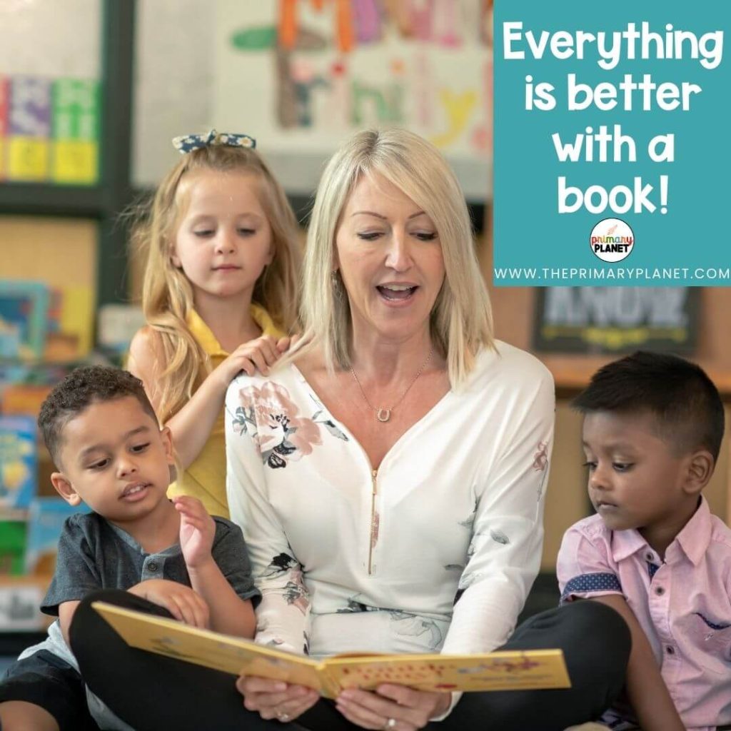 Image of a teacher reading to students. Text: Everything is better with a book!