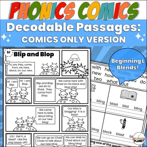 Image of l blends decodable readers and l blends phonics worksheet. Text: Phonics Comics Decodable Readers COMICS ONLY VERSION!