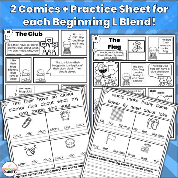 Images of l blends decodable readers and worksheets. Text: 2 Comics