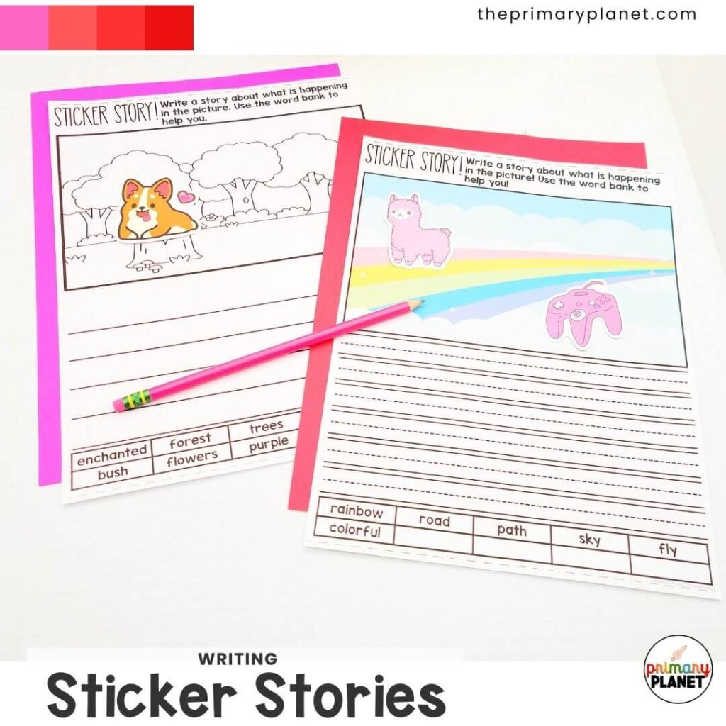 Image of 2 sticker story writing center activity templates.  Text: Sticker Stories